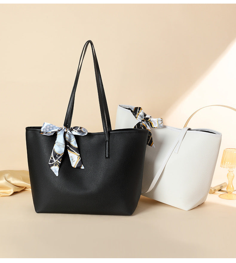 Luxe Litchi Pattern Tote with Detachable Silk Scarf