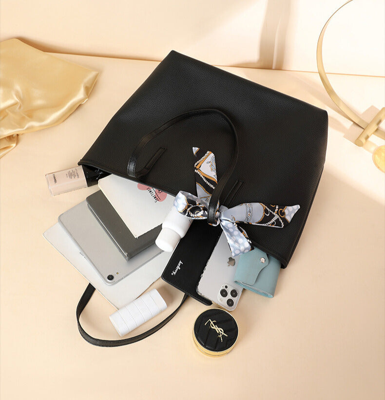 Luxe Litchi Pattern Tote with Detachable Silk Scarf