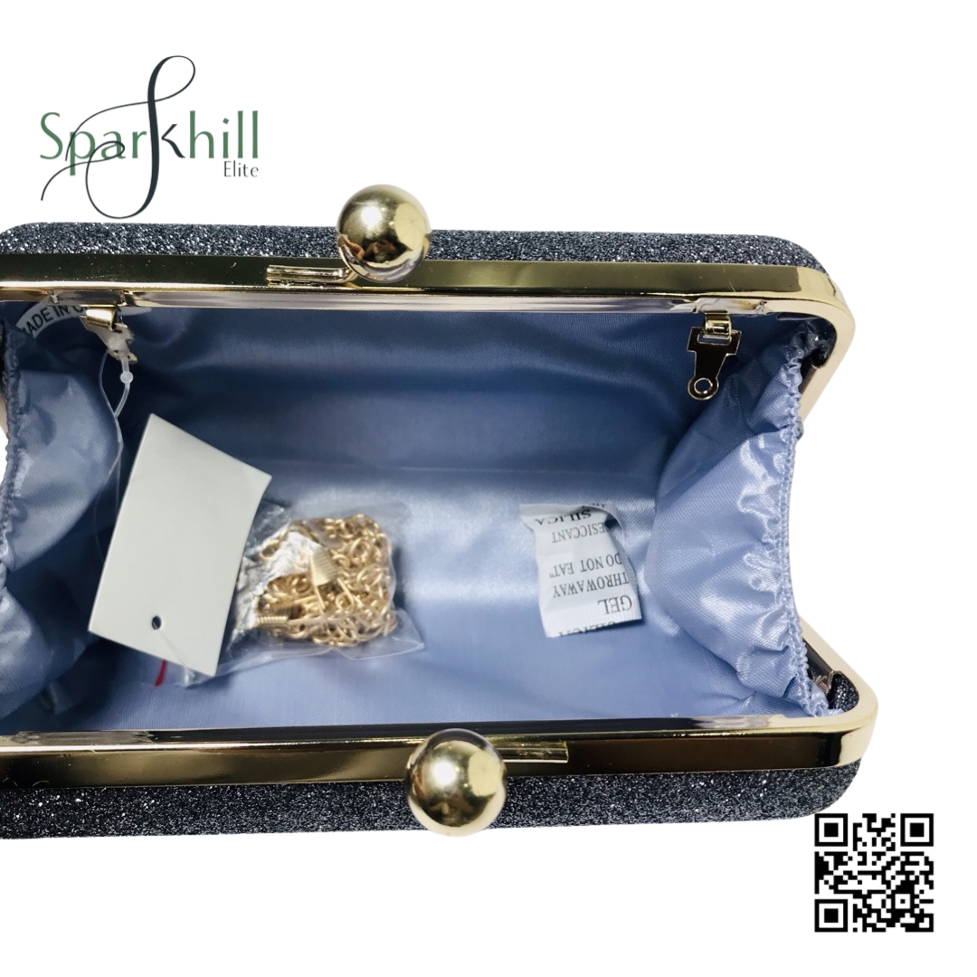 Shimmering Finish Clutch Bag - Fine Chain Strap Navy blue