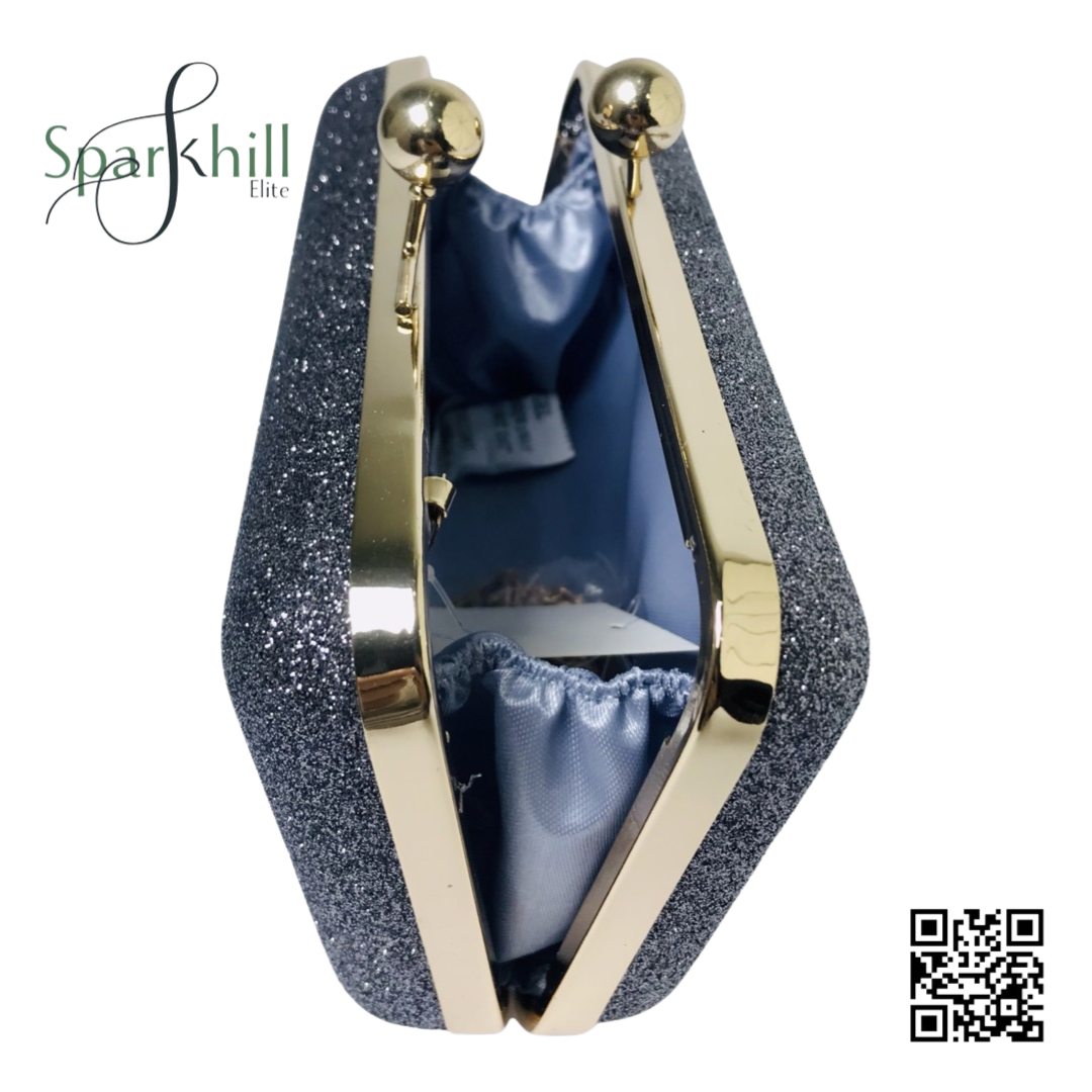 Shimmering Finish Clutch Bag - Fine Chain Strap Navy blue