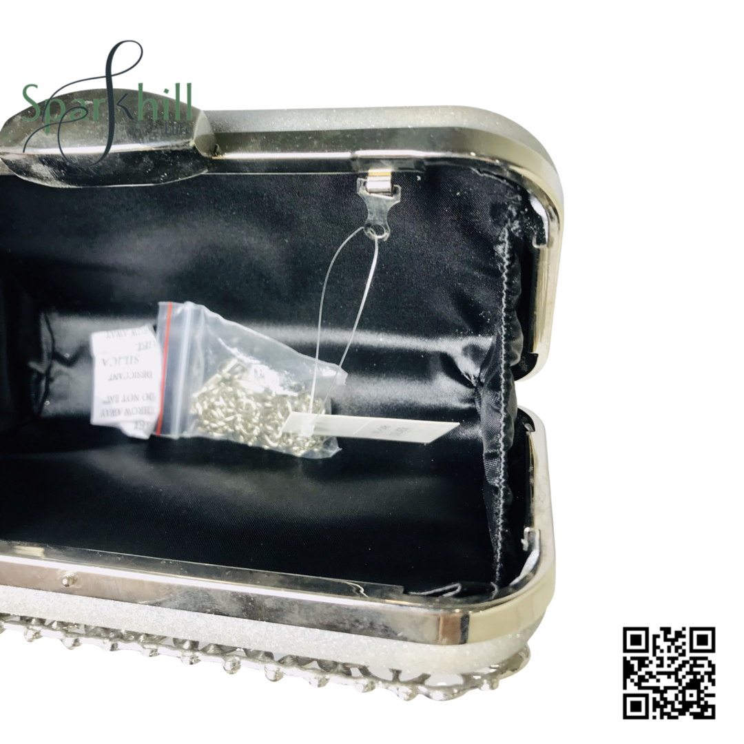 Shimmering Finish Clutch Bag - Fine Chain Strap silver metal front