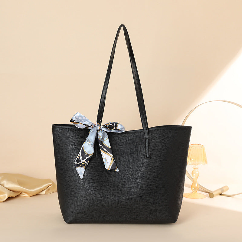 Luxe Litchi Pattern Tote with Detachable Silk Scarf