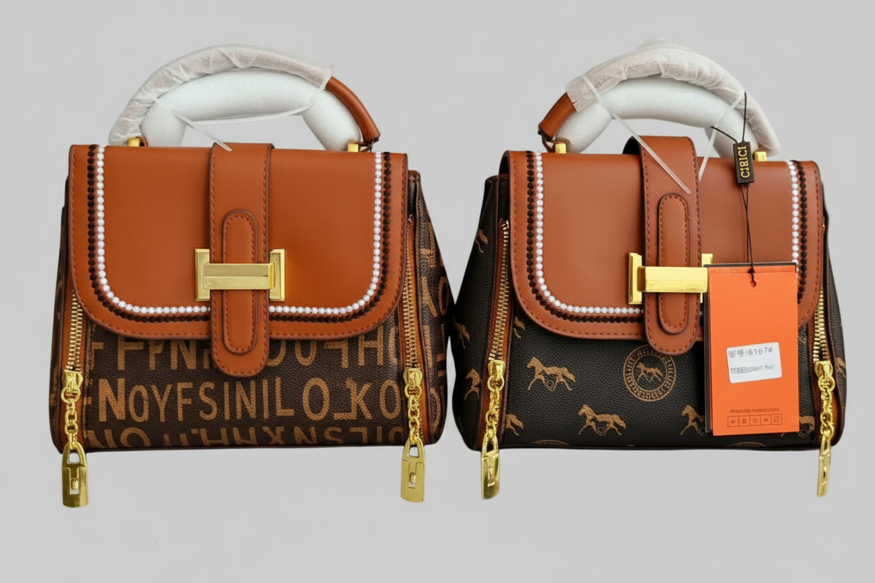 Two luxury handbags displayed side-by-side on a shelf. The bag on the left is a brown monogram handbag with a brown leather flap and gold hardware.