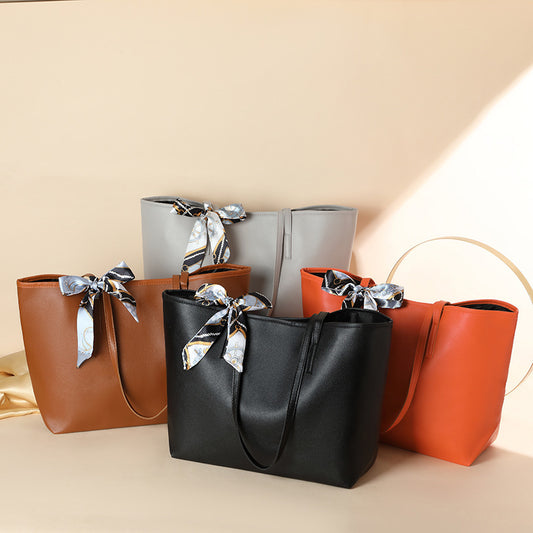 Luxe Litchi Pattern Tote with Detachable Silk Scarf