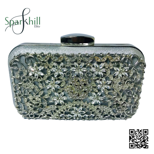 Shimmering Finish Clutch Bag - Fine Chain Strap silver metal front