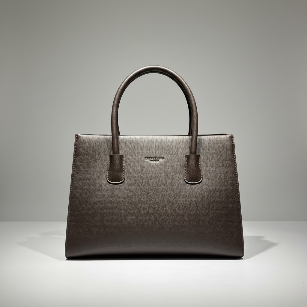 A dark brown textured leather handbag with white protective paper wrapping on its handles, displayed on a store shelf with a product tag hanging from the side.