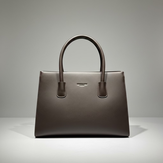 A dark brown textured leather handbag with white protective paper wrapping on its handles, displayed on a store shelf with a product tag hanging from the side.