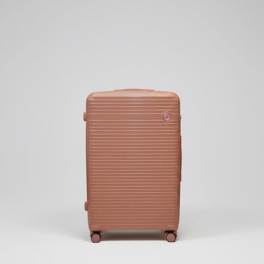 Brown suitcase with 'MINISTER' branding on a beige background